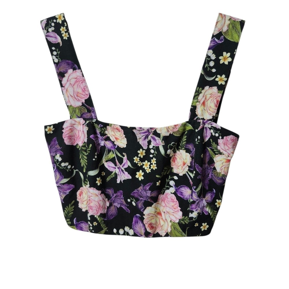 Agua Bendita Women's Large Multicolor Leah Crop Black Floral Tank Top NEW